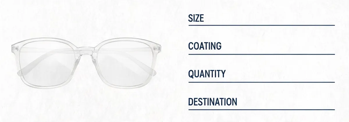 Specification checklist diagram for clear frame glasses, not a mapped office
