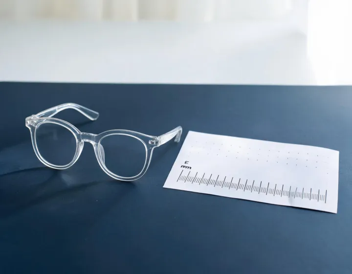 Clear acetate frames and a millimetre sizing chart on a sourcing desk