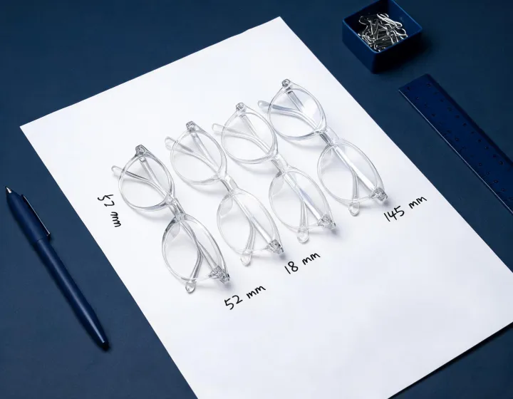 Clear frame glasses lined up for a comparable RFQ sheet